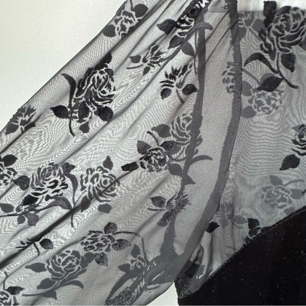 Vintage Niki Black Velvet Floral Dress Size 10 Whimsigoth 80s 90s Prom Sheer - Picture 2 of 13